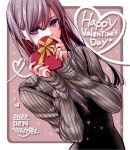  1girl aihara_mei black_hair blush box candy chocolate citrus_(saburouta) food gift gift_box hair_between_eyes happy_valentine heart heart-shaped_box heart-shaped_chocolate holding holding_box holding_gift incoming_gift jewelry long_hair looking_at_viewer purple_eyes ring saburouta solo valentine wedding_ring 