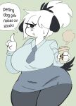  2022 4_fingers :o anthro big_breasts biped black_claws black_ears black_eyes black_nails black_nose black_tail bodily_fluids breasts business_suit canid canine canis claws clothing coffee_mug colored_nails curvy_figure dialogue digital_media_(artwork) domestic_dog english_text explaining female fingers front_view fur gesture green_background hair hair_over_eye hi_res huge_breasts huge_hips huge_thighs mammal nails one_eye_obstructed open_mouth portrait puppychan puppychan48 raised_finger raised_index_finger simple_background smoke solo standing suit sweat text thick_thighs three-quarter_portrait three-quarter_view voluptuous white_body white_fur white_hair 