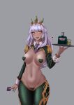  1girl :d absurdres alcohol bangs bottle breasts cel_da_lin condom cowboy_shot dark-skinned_female dark_skin eyebrows_visible_through_hair glass green_legwear grey_background hair_ornament hand_up heart_pasties highres holding holding_condom holding_tray large_breasts league_of_legends lips long_hair long_sleeves looking_at_viewer meme_attire navel necktie pasties purple_necktie qiyana_(league_of_legends) reverse_bunnysuit reverse_outfit shiny shiny_hair shiny_skin short_necktie simple_background smile solo teeth tray 