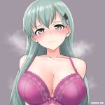  1girl blush bra breasts cleavage closed_mouth collarbone cypress green_eyes green_hair grey_background hair_between_eyes hair_ornament hairclip kantai_collection large_breasts long_hair purple_bra simple_background solo suzuya_(kancolle) twitter_username underwear underwear_only upper_body 