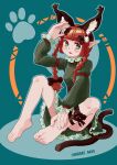  1girl :3 absurdres animal_ear_fluff animal_ears artist_name bangs barefoot bigcat_114514 black_bow black_ribbon blue_background blunt_bangs blush bow braid breasts cat_ears cat_tail dress extra_ears eyebrows_visible_through_hair full_body green_dress hair_bow hair_ornament hair_ribbon highres juliet_sleeves kaenbyou_rin leg_ribbon long_hair long_sleeves looking_to_the_side multiple_tails nekomata open_mouth pointy_ears puffy_sleeves red_eyes red_hair ribbon simple_background sitting skull_hair_ornament small_breasts smile solo tail toes touhou tress_ribbon twin_braids twintails two_tails 