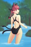  1girl alternate_costume animal_ears ass back bare_shoulders black_bow black_swimsuit bow braid cat_ears contrapposto day extra_ears forest from-behind hair_bow hair_ribbon isaki_(gomi) kaenbyou_rin long_hair looking_at_viewer looking_back nature one-piece_swimsuit open_mouth outdoors pointy_ears profile ribbon sideways_mouth sky solo swimsuit touhou tree tress_ribbon twin_braids twintails wading water 