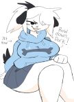  2022 accessory anthro big_breasts black_eyebrows black_eyes black_nose blue_clothing blue_hoodie blue_topwear bone bottomwear breasts canid canine canis chart clothing crossed_legs dialogue digital_media_(artwork) domestic_dog dominant dominant_female english_text eyebrows female fur grey_bottomwear grey_clothing grey_skirt hair hair_accessory hair_over_eye hand_on_ground hand_on_knee hand_on_leg height_chart hi_res hoodie inviting mammal narrowed_eyes one_eye_obstructed open_mouth paws pink_tongue ponytail portrait puppychan puppychan48 shaded simple_background simple_shading sitting skirt smile solo talking_to_viewer teeth text three-quarter_portrait tongue topwear white_background white_body white_fur 