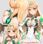  bangs bare_legs bare_shoulders blonde_hair breasts chest_jewel cleavage cleavage_cutout clothing_cutout dress dyne_gallon earrings elbow_gloves gem gloves headpiece highres jewelry large_breasts long_hair mythra_(xenoblade) rex_(xenoblade) short_dress swept_bangs tiara very_long_hair white_dress white_gloves xenoblade_chronicles_(series) xenoblade_chronicles_2 yellow_eyes 