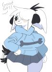  2022 :3 accessory anthro biped black_ears black_eyes black_nose blue_clothing blue_hoodie blue_topwear blush bottomwear canid canine canis chubby_anthro chubby_female clothed clothing compliment digital_media_(artwork) domestic_dog english_text female floppy_ears fur good_girl grey_bottomwear grey_clothing grey_skirt hair hair_accessory hair_over_eye hand_on_hip hi_res hoodie looking_at_another mammal one_eye_obstructed ponytail pupils puppychan puppychan48 skirt smile solo standing tail_motion tailwag text topwear white_body white_fur white_hair white_pupils 