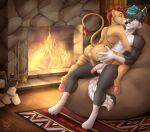  anthro anus balls brown_eyes butt butt_grab cabin canid canine cuddling digital_media_(artwork) duo embrace felid fireplace fox full-length_portrait fur furniture genital_piercing genitals grey_body hair half-erect hand_on_butt hug humanoid_genitalia inside kotezio lion male male/male mammal multicolored_body nude open_mouth pantherine paws penis penis_piercing piercing portrait prince_albert_piercing raised_tail red_hair romantic smile tattoo turquoise_hair yellow_body 