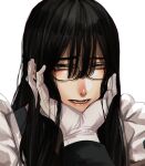  1girl black_hair black_legwear frills gloves grey_eyes hair_between_eyes highres hoshi_san_3 lips long_hair long_sleeves looking_at_viewer original simple_background white_background white_legwear 