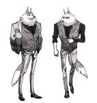  anthro arctic_wolf bottomwear canid canine canis clothed clothing dududud_duu fist footwear fully_clothed hands_behind_back hi_res illumination_entertainment jacket jimmy_crystal male mammal necktie pants shoes sing_(movie) solo standing topwear vest wolf 