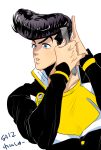  1boy black_hair blue_eyes combing diamond_wa_kudakenai eyelashes gakuran higashikata_josuke highres hotaru_(ss801) index_finger_raised jojo_no_kimyou_na_bouken male_focus peace_symbol pompadour school_uniform solo 