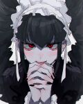  1girl bangs black_hair black_jacket black_nails celestia_ludenberg danganronpa:_trigger_happy_havoc danganronpa_(series) eyebrows_visible_through_hair grey_background headdress highres interlocked_fingers jacket long_sleeves looking_at_viewer nail_polish own_hands_clasped own_hands_together red_eyes shiny shiny_hair simple_background sketch smile solo tabo_(aoiaoi_susu) 