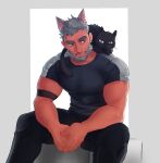  1boy animal_on_shoulder bara beard black_cat cat cat_on_shoulder facial_hair feet_out_of_frame grey_hair highres large_pectorals male_focus matty_(radicallymaxton) mature_male muscular muscular_male original own_hands_together pectorals shirt short_hair sitting smile solo thick_eyebrows thick_thighs thighs tight tight_shirt 