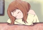  1girl blush boku_no_hero_academia brown_hair closed_eyes closed_mouth english_commentary hair_down highres hikariangelove leaning_on_table sleeping solo uraraka_ochako 