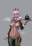  1girl :d absurdres alcohol bangs bottle breasts breath cel_da_lin condom cowboy_shot dark-skinned_female dark_skin eyebrows_visible_through_hair glass green_legwear grey_background hair_ornament hand_up heart_pasties highres holding holding_condom holding_tray large_breasts league_of_legends lips long_hair long_sleeves looking_at_viewer meme_attire navel necktie pasties purple_necktie pussy_juice qiyana_(league_of_legends) reverse_bunnysuit reverse_outfit shiny shiny_hair shiny_skin short_necktie simple_background smile solo teeth tray 