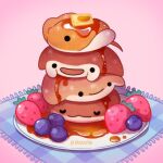  artist_name black_eyes blueberry butter closed_eyes closed_mouth commentary english_commentary food food_focus fruit manta_ray maple_syrup no_humans open_mouth original pancake pikaole pink_background plate simple_background smile solid_circle_eyes stack_of_pancakes strawberry 