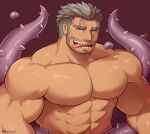  1boy abs bara biceps completely_nude dagon_(housamo) facial_hair fish_boy grey_hair highres large_pectorals long_sideburns looking_at_viewer male_focus muscular muscular_male nipples nude pectorals sharp_teeth short_hair sideburns solo stomach stubble teeth tentacles terraxle tokyo_afterschool_summoners tongue tongue_out undercut upper_body 