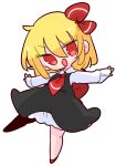  1girl ascot black_dress blonde_hair collared_shirt dress hair_ribbon highres op_na_yarou open_mouth outstretched_arms red_eyes red_footwear red_neckwear red_ribbon ribbon rumia shirt short_hair simple_background solo spread_arms touhou white_background white_shirt 
