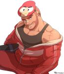  1boy bandaid bandaid_on_nose bara bare_shoulders beard black_tank_top brawl_stars buzz_cut character_request cross_scar facial_hair feet_out_of_frame from_above highres large_pectorals male_focus mask mask_on_head mature_male muscular muscular_male mustache off_shoulder orange_hair partially_unzipped pectoral_cleavage pectorals personification scar short_hair sidepec solo tank_top terraxle very_short_hair zipper 