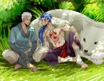  2boys ankle_wrap archer_(fate) ashitaka ashitaka_(cosplay) blue_hair chest_tattoo cosplay cu_chulainn_(fate) cu_chulainn_alter_(fate/grand_order) dark-skinned_male dark_skin earrings facepaint facial_tattoo fang_necklace forest hotaru_(ss801) jewelry long_hair male_focus mononoke_hime multiple_boys nature pectorals red_eyes san_(mononoke_hime) san_(mononoke_hime)_(cosplay) sharp_teeth tattoo teeth topless_male white_hair wolf 