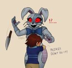  anthro arms_around_waist band-aid bandage blush blush_lines bodily_fluids bow_tie breasts brown_hair buckteeth child clothing confusion costume crying dialogue dropping_object dropping_weapon duo e4hargus embrace eyelashes female five_nights_at_freddy&#039;s five_nights_at_freddy&#039;s:_security_breach gregory_(fnaf) hair hi_res hug human knife lagomorph larger_female leporid male mammal patch_(fabric) pawpads rabbit red_eyes red_sclera scottgames seam_(sewing) simple_background size_difference smaller_male smile stitch_(sewing) tears teeth text thick_thighs tight_clothing vanny_(fnaf) video_games whiskers young 