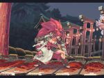  1girl amputee architecture armor baiken bauri_andres big_hair black_jacket black_kimono breasts east_asian_architecture eyepatch fighting_stance greaves guilty_gear guilty_gear_strive jacket jacket_on_shoulders japanese_clothes katana kimono lantern large_breasts multicolored_clothes multicolored_kimono night night_sky one-eyed open_clothes open_kimono pixel_art ponytail red_eyes red_hair samurai sandals sash scar scar_across_eye scar_on_face sky sword torii torn_sleeve tree weapon white_kimono wide_sleeves 