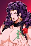  1boy battle_tendency earrings flower highres holding holding_flower horns hotaru_(ss801) jewelry jojo_no_kimyou_na_bouken kars_(jojo) large_pectorals long_hair male_focus manboobs manly muscular muscular_male pectorals purple_eyes purple_hair revealing_clothes rose solo thorns topless_male wavy_hair 