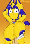  animal_crossing ankha_(animal_crossing) anthro assisted_exposure big_breasts breast_squish breasts disembodied_hand domestic_cat duo felid feline felis female fre4k4life frown gradient_background hi_res huge_breasts human looking_at_viewer mammal nintendo nipple_slip orange_background simple_background squish surprise video_games wide_eyed 