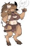  2022 4_fingers anthro bangs barefoot belly big_breasts big_hair biped bodily_fluids bottomwear bovid bovine breasts breath brown_body brown_bottomwear brown_clothing brown_fur brown_handwear brown_hooves brown_nails brown_topwear calf_tuft clothed clothing colored_nails countershade_breasts countershade_torso countershading digital_media_(artwork) elbow_tuft european_mythology feet fingers full-length_portrait fur greek_mythology greeting hair hair_over_eyes hand_on_hip handwear hi_res hooves horn leg_tuft mammal minotaur multicolored_body multicolored_fur mythology nails navel portrait puppychan puppychan48 simple_background solo standing sweat tan_belly tan_body tan_countershading tan_horn tan_inner_ear topwear tuft two_tone_body two_tone_fur white_background 