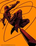 1boy airborne apoloniodraws artist_name bodysuit boots daredevil gloves highres horns looking_down male_focus marvel mask nunchaku orange_background red_bodysuit red_eyes red_footwear red_gloves solo superhero weapon western_comics_(style) yellow_background 