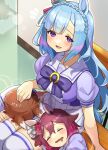  bangs bench blush braid brown_hair closed_eyes crown_braid drooling highres horse_girl katwo lap_pillow light_blue_hair long_hair mejiro_ardan_(umamusume) mouth_drool purple_eyes sakura_chiyono_o_(umamusume) sitting sleeping thighhighs umamusume yaeno_muteki_(umamusume) 