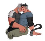  2boys absurdres animal_ears bara beard belly between_legs blue_shirt cat_boy cat_ears cat_tail clothes_pull cropped_legs facial_hair grey_hair hand_under_clothes heads_together highres kemonomimi_mode large_pectorals looking_at_viewer male_focus matty_(radicallymaxton) mature_male multicolored_hair multiple_boys muscular muscular_male original pants pants_pull pectoral_docking pectoral_press pectorals plump pulled_by_another shirt short_hair sideburns smile tail thick_eyebrows thick_thighs thighs tight tight_shirt two-tone_hair yaoi 