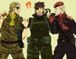  !? 3boys anger_vein ascot bandana beard beret big_boss blonde_hair brown_hair eyepatch facial_hair gloves hat headband hotaru_(ss801) kazuhira_miller love_triangle metal_gear_(series) metal_gear_solid metal_gear_solid_3 metal_gear_solid_peace_walker military military_uniform multiple_boys oekaki red_gloves revolver_ocelot sunglasses uniform watch wristwatch 