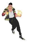  1boy alternate_costume bara black_hair casual facial_hair fire full_body halo highres jacket male_focus matty_(radicallymaxton) mature_male muscular muscular_male open_clothes open_jacket pants pectoral_cleavage pectorals pyrokinesis running shoes short_hair sideburns sneakers solo stubble tank_top tokyo_afterschool_summoners track_pants white_background white_tank_top zabaniya_(housamo) 