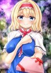  1girl alice_margatroid arm_up bangs between_breasts blonde_hair blue_dress blue_eyes blurry blurry_background blush bow box breasts capelet closed_mouth cloud cloudy_sky commentary_request dress eyebrows_visible_through_hair eyes_visible_through_hair fingernails frills hair_between_eyes hairband hand_on_own_chest hands_up highres large_breasts leaf looking_at_viewer necktie necktie_between_breasts night night_sky pink_necktie purple_sky red_bow red_hairband reijing_etrn short_hair sky smile solo sparkle standing touhou tree white_capelet 