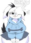  2022 anthro big_breasts biped black_ears black_eyes black_nose black_tail blep blue_clothing blue_hoodie blue_topwear bottomwear breasts canid canine canis clothed clothing curvy_figure cute_fangs dialogue digital_media_(artwork) domestic_dog english_text female grey_bottomwear grey_clothing grey_skirt hair hair_over_eye hi_res hoodie huge_breasts huge_thighs insulting_viewer looking_at_viewer mammal one_eye_obstructed pink_tongue ponytail portrait puppychan puppychan48 simple_background skirt smile solo speech_bubble standing tail_tuft talking_to_viewer text thick_thighs three-quarter_portrait tongue tongue_out topwear tsundere tuft voluptuous white_background 