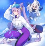  2girls :d arm_up artist_name bangs black_scarf blue_dress blue_sky blush bodysuit commentary_request day dress eyebrows_visible_through_hair floating_hair full_body genshin_impact gloves goggles goggles_on_head hair_cones hat highres holding_snowball jacket keqing_(genshin_impact) long_hair long_sleeves looking_at_viewer multiple_girls one_knee outdoors paimon_(genshin_impact) parted_lips pink_eyes puffy_long_sleeves puffy_sleeves purple_bodysuit purple_hair scarf shoes sky smile snow snowboard thick_eyebrows twintails very_long_hair white_footwear white_gloves white_headwear white_jacket yenkoes 