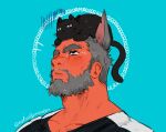  1boy animal_on_head bara black_cat blush cat cat_on_head cat_tail face facial_hair highres kemonomimi_mode looking_up male_focus matty_(radicallymaxton) mature_male mustache on_head original pectoral_cleavage pectorals short_hair solo tail turn_pale upper_body 