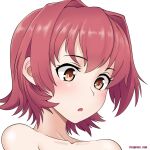  1girl blush collarbone cypress eyebrows_visible_through_hair hair_between_eyes kantai_collection kinu_(kancolle) open_mouth orange_eyes portrait red_hair short_hair simple_background solo twitter_username white_background 