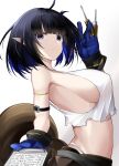  1girl :&lt; absurdres arched_back arknights arm_strap bangs bare_shoulders black_hair blue_eyes blue_hair blunt_bangs bob_cut breasts brown_pants camisole clipboard colored_inner_hair covered_nipples crop_top eunectes_(arknights) eunectes_(forgemaster)_(arknights) eyebrows_visible_through_hair from_side frown gloves highres jitome large_breasts looking_at_viewer midriff multicolored_hair no_bra off_shoulder official_alternate_costume pants panty_straps pointy_ears reaching_out revealing_clothes screwdriver see-through_silhouette shirt short_hair sideboob simple_background snake_tail tail tank_top tools torn_clothes torn_shirt upper_body white_tank_top work_gloves yan_lie 