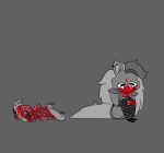  animatronic blood bodily_fluids bone canid canine canis clothing death duo ear_piercing eyelashes five_nights_at_freddy&#039;s five_nights_at_freddy&#039;s:_security_breach fluffy fluffy_tail gore grey_background human inner_ear_fluff legwear machine mammal monochrome piercing robot roxanne_wolf_(fnaf) scottgames simple_background sitting skeleton stockings tears tuft unknown_artist video_games wolf 
