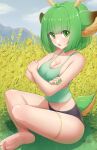  1girl absurdres alternate_hair_length alternate_hairstyle animal_ears bangs barefoot black_shorts blunt_bangs blush bob_cut breasts cleavage collarbone crossed_arms day eyebrows_visible_through_hair fang green_eyes green_hair green_nails haruka_karibu highres hungrydurp indie_virtual_youtuber large_breasts looking_at_viewer micro_shorts open_mouth outdoors short_hair shorts sitting solo tail virtual_youtuber 
