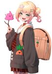  1girl :d absurdres backpack bag bangs black_sweater blonde_hair blush branch commentary_request eyebrows_visible_through_hair fang flower gradient_hair green_eyes hair_flower hair_ornament hairclip highres holding holding_branch hololive long_sleeves looking_at_viewer mikan_(chipstar182) momosuzu_nene multicolored_hair neckerchief nekko_(momosuzu_nene) pink_hair plaid plaid_neckerchief plaid_skirt pleated_skirt poop_on_a_stick red_neckerchief red_skirt side_ponytail skirt sleeves_past_fingers sleeves_past_wrists smile solo sweater v-shaped_eyebrows virtual_youtuber 
