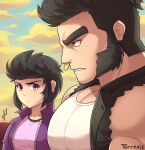  1boy 1girl bara brawl_stars breast_envy bursting_pectorals character_request from_side large_pectorals long_sideburns looking_at_another looking_down mature_male meme muscular muscular_male nose_piercing nose_ring pectoral_cleavage pectoral_envy_(meme) pectoral_focus pectorals piercing short_hair sideburns terraxle thick_eyebrows upper_body 