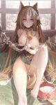  1girl absurdres after_sex after_vaginal ahoge animal_ears bar_censor bare_shoulders bkyuuc black_gloves bowl breasts brown_hair censored chain chain_leash chinese_commentary cum cum_in_container cum_in_pussy cum_on_body cum_on_breasts cum_on_food cum_on_hair dog_ears feet feet_out_of_frame genshin_impact gloves green_eyes green_kimono heart heart-shaped_pupils highres hina_(genshin_impact) japanese_clothes kimono large_breasts leash legs long_hair looking_at_viewer mosaic_censoring multicolored_hair nipples off_shoulder paw_print pet_bowl restrained smile solo symbol-shaped_pupils thighhighs toes two-tone_hair v white_hair white_legwear 