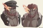  1boy bara beard close-up cropped_shoulders eyebrow_cut facial_hair flaming_eye hat hephaestus_(housamo) looking_at_viewer male_focus mature_male multiple_views muscular muscular_male pectorals police police_hat police_uniform red_eyes scar short_hair terraxle thick_eyebrows tokyo_afterschool_summoners uniform upper_body yellow_eyes 