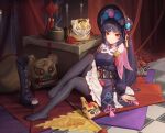  1girl bangs black_hair black_legwear bonnet boots boots_removed breasts eyebrows_visible_through_hair eyeliner genshin_impact incense_burner long_hair looking_at_viewer makeup pantyhose sarena sitting solo yellow_eyes yun_jin_(genshin_impact) 