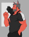  1boy animal_on_shoulder bara belly black_cat black_pants black_shirt cat cat_on_shoulder from_side highres large_pectorals male_focus matty_(radicallymaxton) mature_male muscular muscular_male original pants pectorals plump shirt short_hair solo tight tight_shirt whiskers 