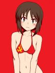  1girl bikini blush breasts brown_hair cleavage closed_mouth collarbone emblem girls_und_panzer green_eyes looking_at_viewer navel nishizumi_maho oosaka_kanagawa pravda_(emblem) red_background short_hair simple_background small_breasts solo sweat swimsuit upper_body 