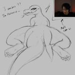  absurd_res anthro butt curvy_figure digital_media_(artwork) english_text eye_moisturizer eyewear facial_hair female glasses hair hi_res human humor looking_at_viewer male mammal markiplier meme nintendo open_mouth pok&eacute;mon pok&eacute;mon_(species) reptile salazzle scalie simple_background smile text thick_thighs video_games wide_hips 