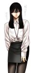  1girl bangs black_hair black_legwear black_nails collared_shirt cowboy_shot green_eyes hair_between_eyes highres hoshi_san_3 id_card long_hair long_sleeves mole mole_under_mouth office_lady original pantyhose pencil_skirt shirt simple_background skirt solo white_background white_shirt yamifuka-san_(hoshi_san_3) 