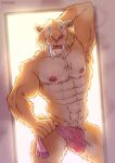  2022 abs after_shower anthro big_bulge big_muscles blue_sky_studios bulge diego_(ice_age) door fangs felid fur hand_behind_head hi_res ice_age_(series) inside looking_at_viewer machairodontine male mammal muscular muscular_anthro muscular_male nipples nude obliques pecs sabertooth_(anatomy) smile solo standing steam towel tuft wardraws water wet wet_body wet_fur 